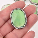 1 Grass Agate Gemstone Bead, Micropave Crystal Bezel, Green Stone, 34mm, gem0808