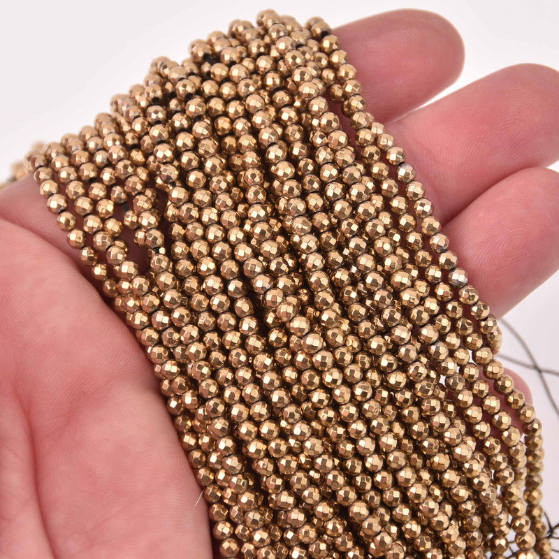 3mm Hematite Round Beads, Dark GOLD Titanium Coated Gemstone, faceted, strand, gem0810