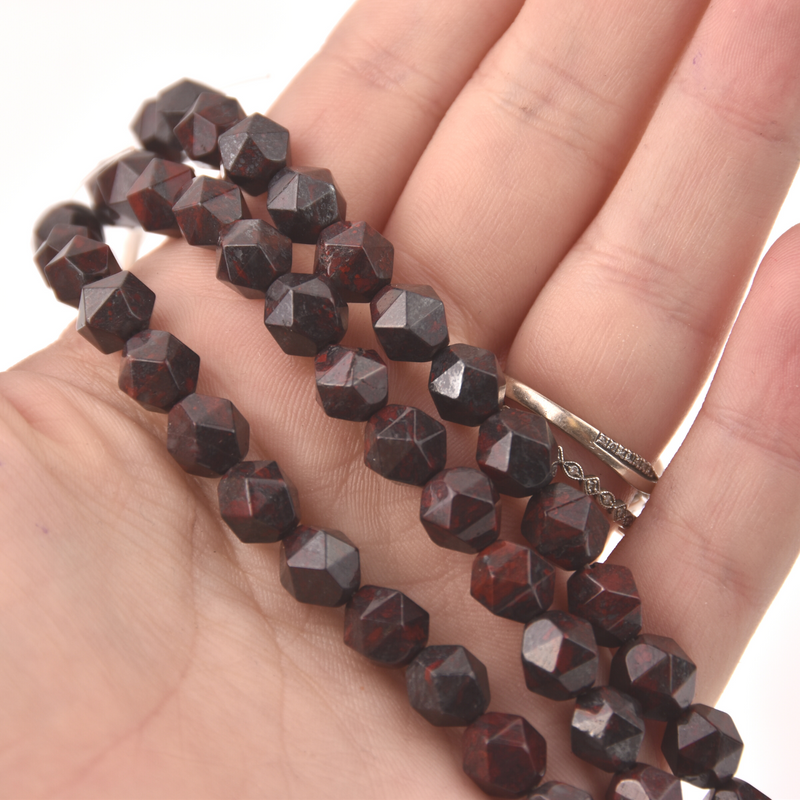 Red Black Breciated Jasper Half Strand, 8mm Star Cut Gemstone Beads, 8" long gem0830