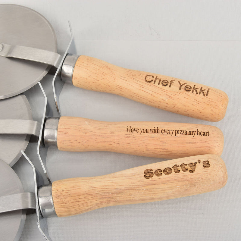 Personalized Pizza Cutter, laser engraved name on hardwood handle, gft0023