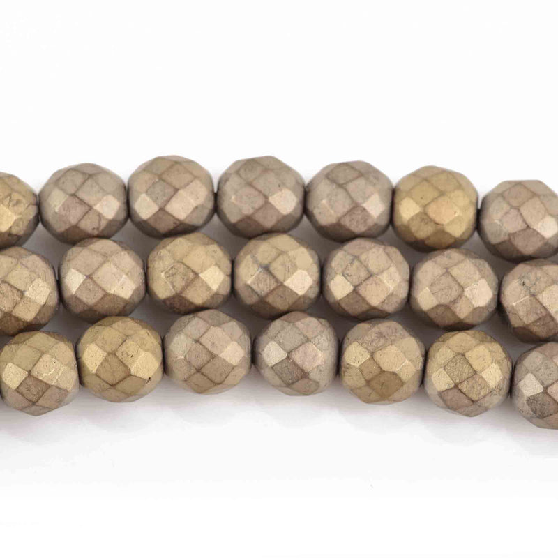 8mm Matte Hematite Round Beads, LIGHT GOLD Titanium Coated Gemstone Beads, faceted, full strand, 51 beads, ghe0146