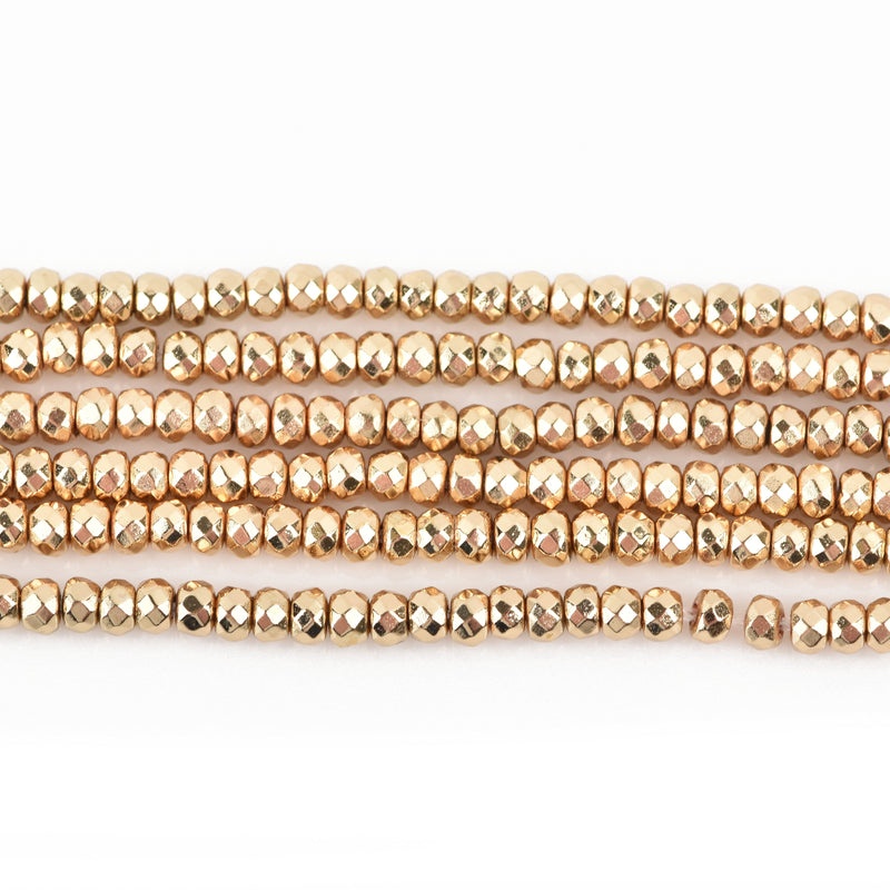 3mm METALLIC GOLD HEMATITE Rondelle Beads Faceted Gemstone Titanium Coated 195 beads, ghe0179