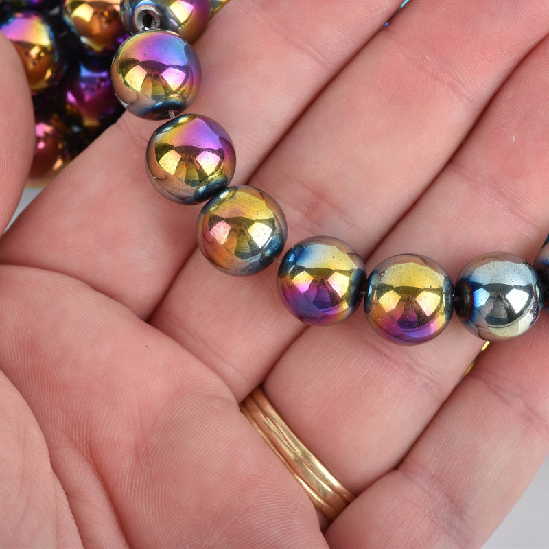 12mm Round Titanium Coated MARDI GRAS HEMATITE Gemstone Beads, full strand, 35 beads, ghe0181