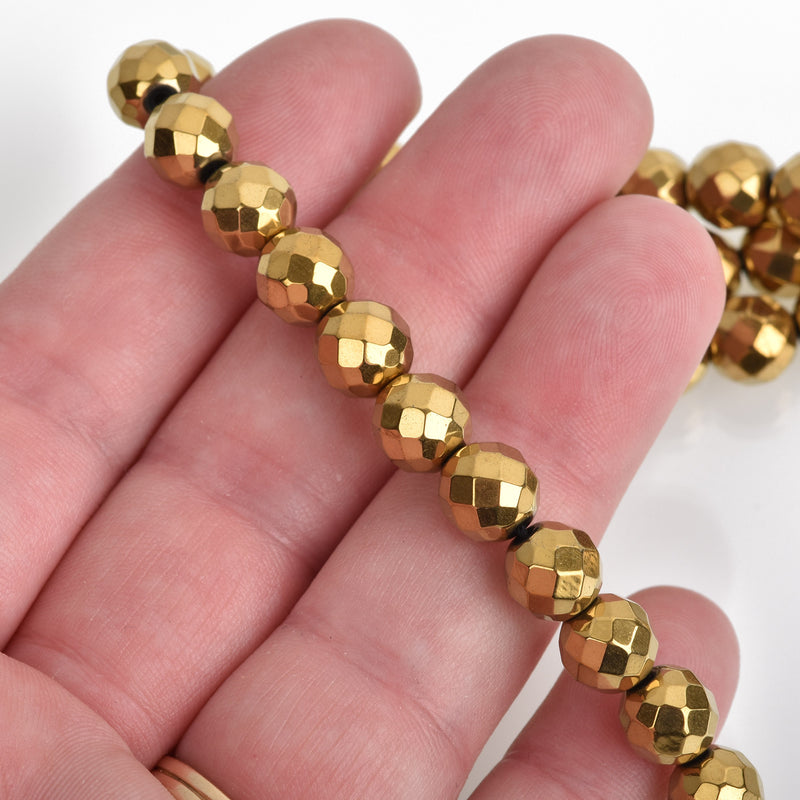 8mm Hematite Round Beads, GOLD Titanium Coated Gemstone Beads, faceted, full strand, 50 beads, ghe0187