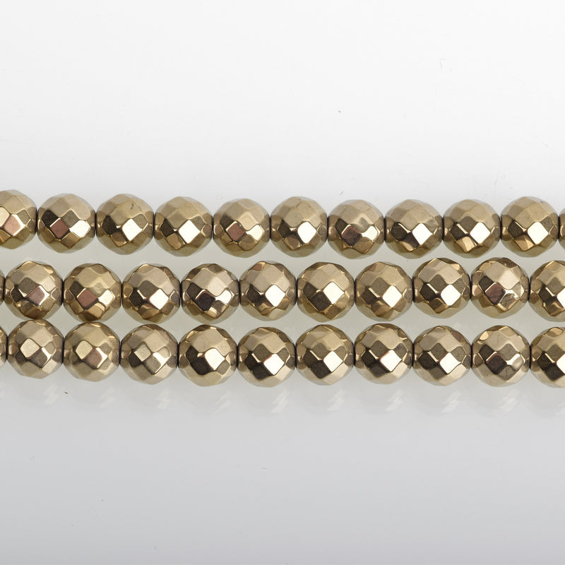 8mm Hematite Round Beads, LIGHT GOLD Titanium Coated Gemstone Beads, faceted, full strand, 50 beads, ghe0188