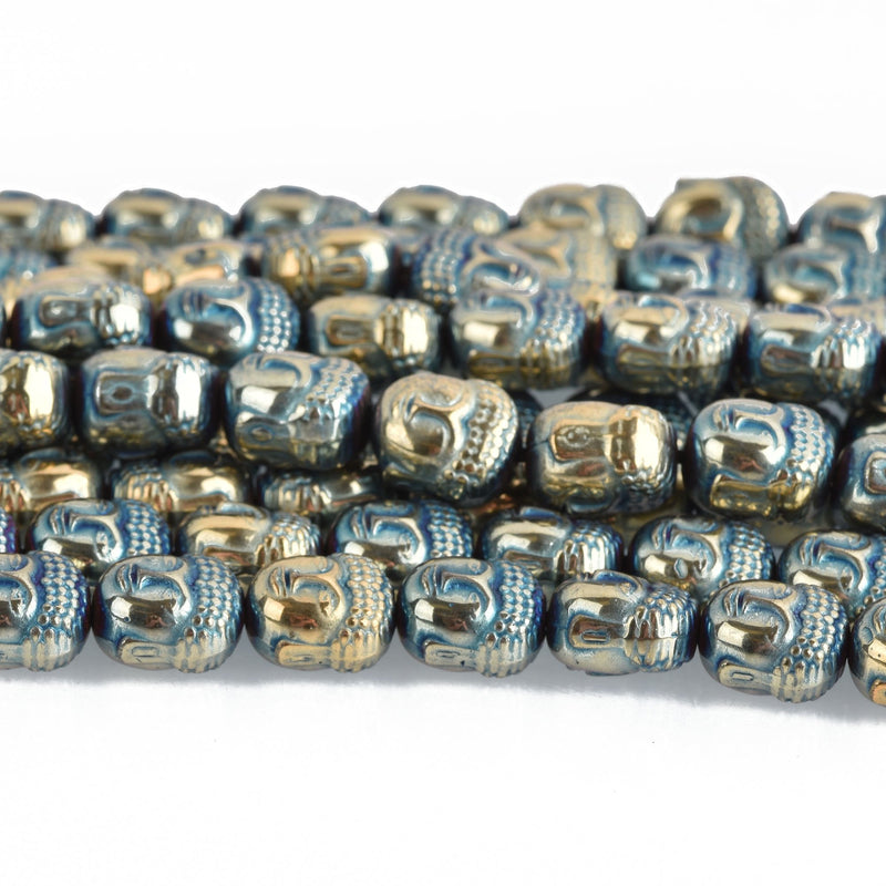10 Blue and Gold HEMATITE BUDDHA Beads Titanium Hematite Gemstone 10mm ghe0198