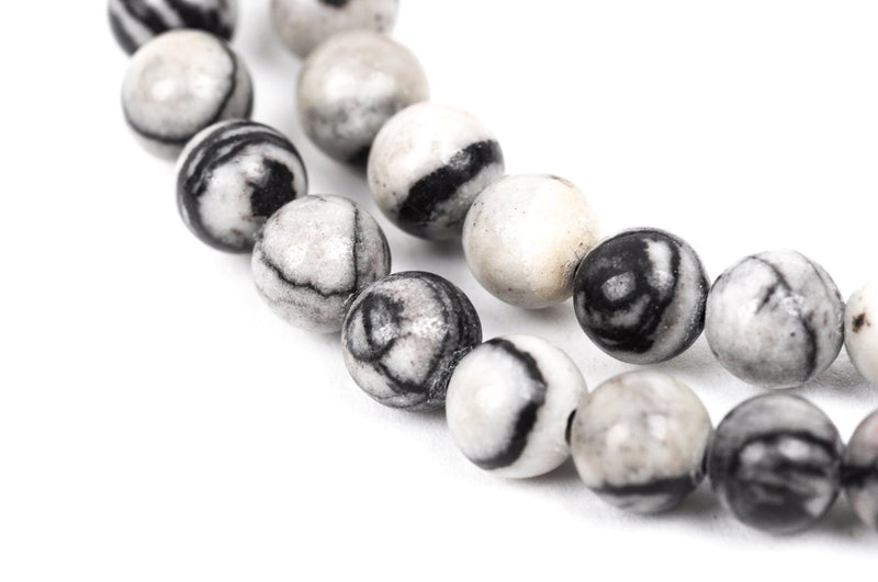 12mm Polished Round ZEBRA JASPER Beads, natural gemstones, black and white, full strand, gja0081