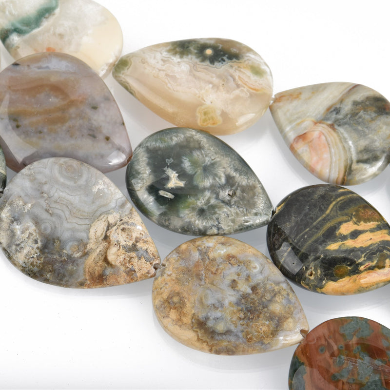 10 Teardrop OCEAN JASPER Beads, natural gemstone beads, mixed sizes 28mm to 36mm, gja0203
