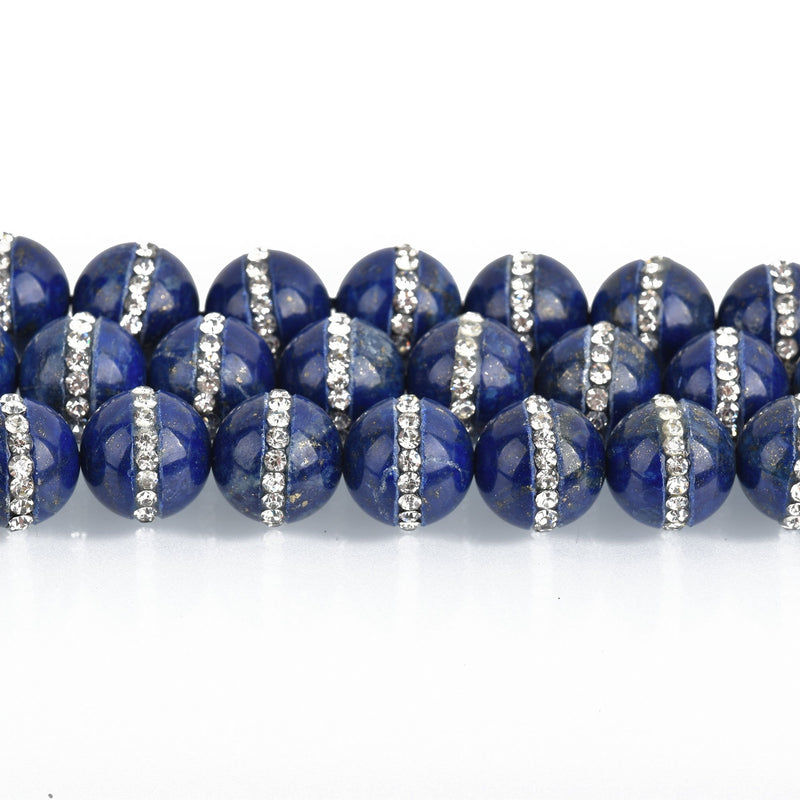 12mm Blue LAPIS LAZULI Beads Gemstones with Rhinestone Accents x2 beads gla0010