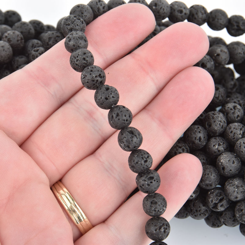 8mm Round BLACK LAVA Beads, perfume diffuser beads, essential oil beads, lava stone beads, full strand, about 47 beads, glv0017
