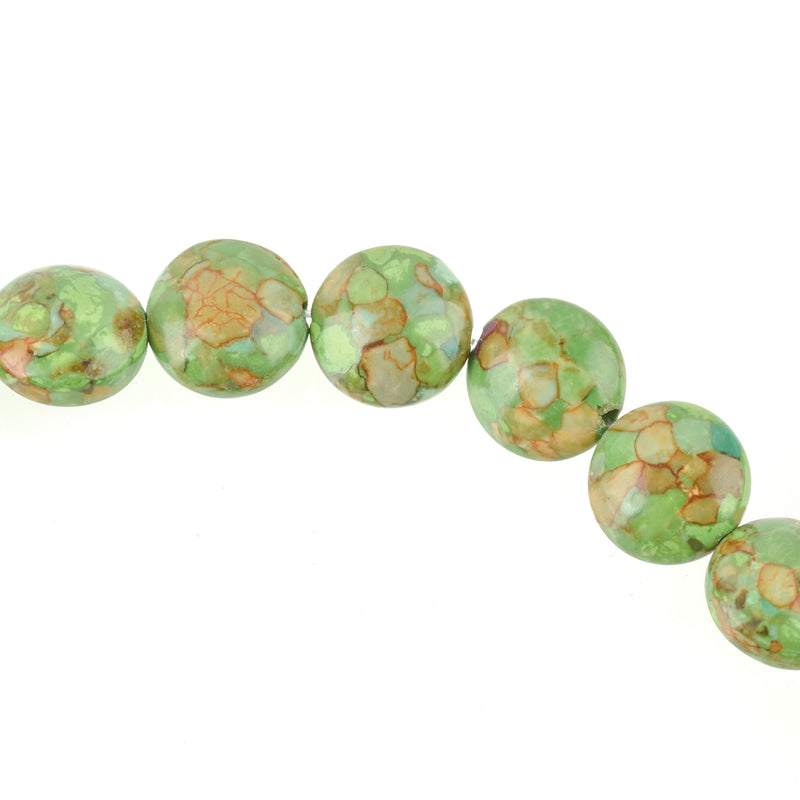 1 strand Magnesite Stone Beads Variegated Puffy GREEN COIN CIRCLE Round . 12mm gmx0004