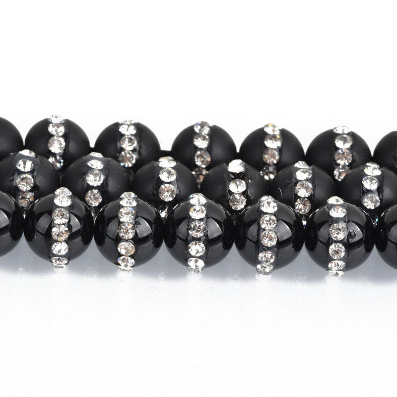 8mm BLACK ONYX Beads with Rhinestone Accents x5 beads gon0036