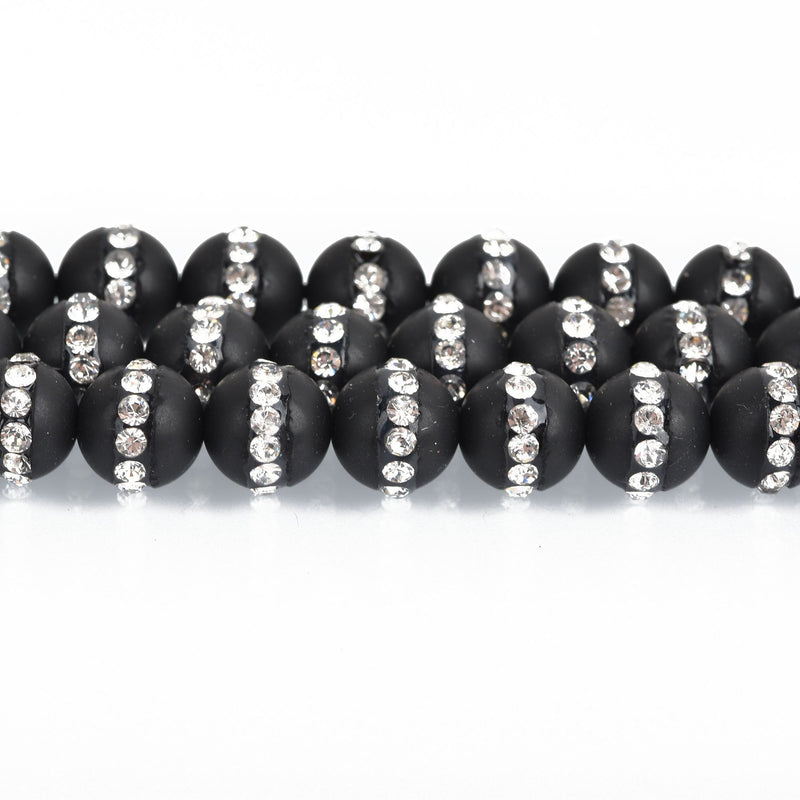 8mm MATTE BLACK ONYX Beads with Rhinestone Accents x5 beads gon0037