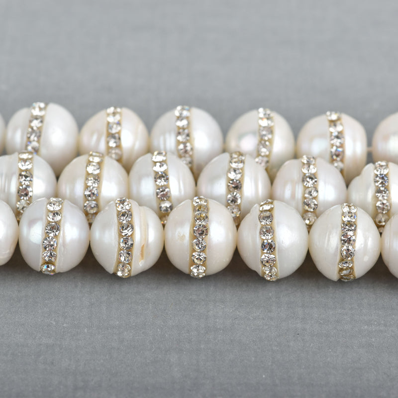 2 Large Freshwater Pearl Beads with Rhinestone Accents, wedding pearls . about 10mm  gpe0017