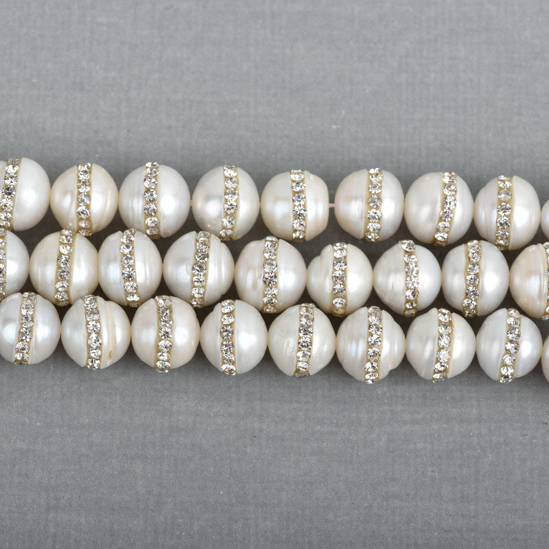 2 Large Freshwater Pearl Beads with Rhinestone Accents, wedding pearls . about 10mm  gpe0017