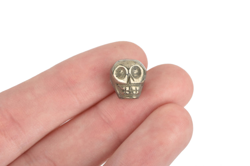 7 IRON PYRITE SKULL Beads, 12x10mm  Natural Gemstones . Carved Fool's Gold  gpy0003