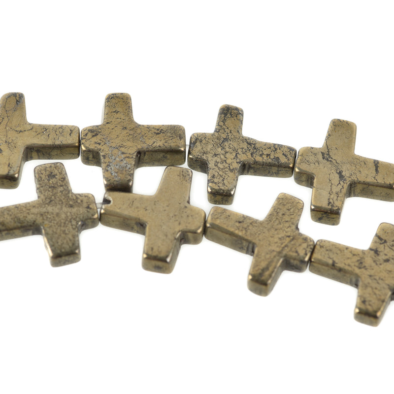 PYRITE Fool's Gold Gemstone CROSS BEADS . Sideways Cross 11x10mm gpy0004