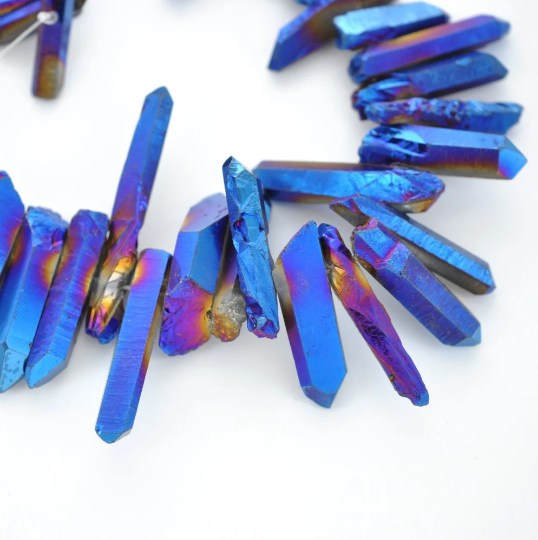 12 Titanium Coated Crystal Quartz Tusk or Point Beads . genuine gemstones, rainbow blue, purple, gold metallic surface treatment  gqz0010a