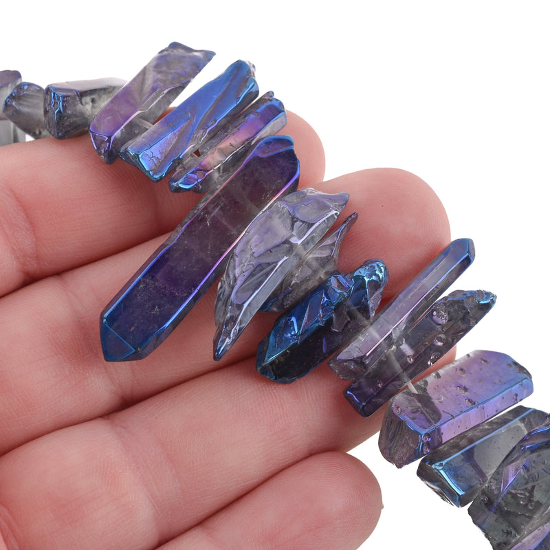 Natural BLUE RAINBOW QUARTZ Point Crystal Beads, metallic plated, about 5/8" to 1" long about 65 beads, gqz0059