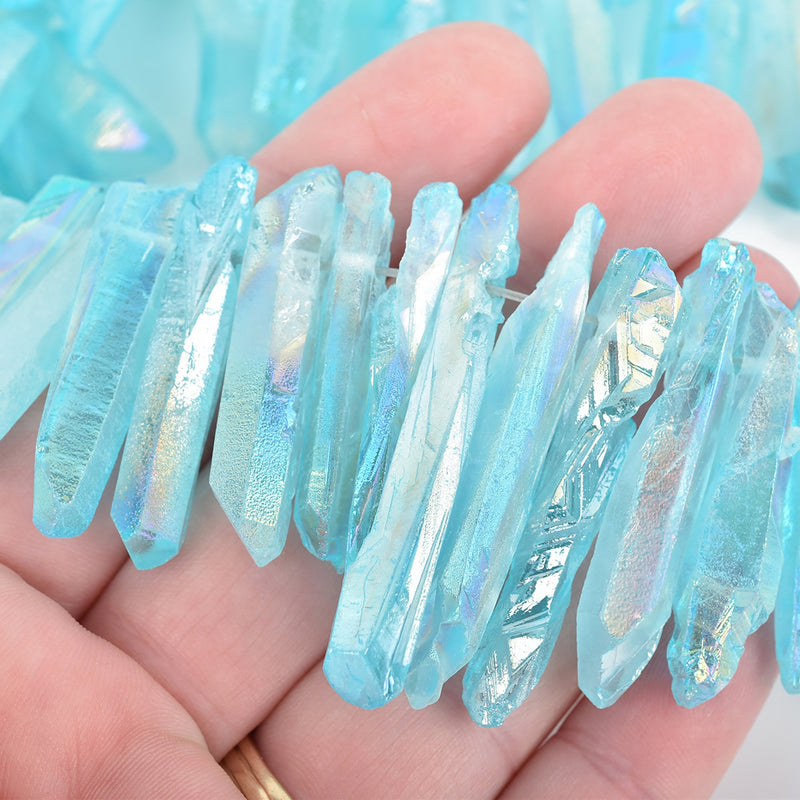 TURQUOISE BLUE AB Quartz Stick Beads, Crystal Tusk Point, 20-40mm long, full strand, about 60 beads, gqz0109