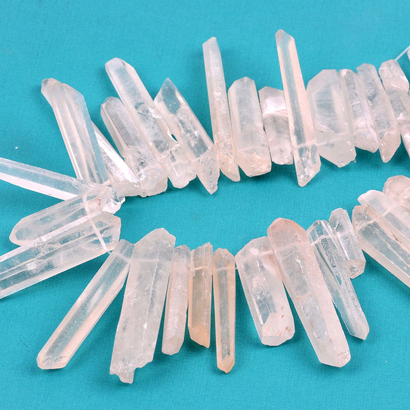 Frosted Crystal Quartz Tusk Point Beads, top drilled stick beads, gemstones, 1-1/4" - 2-3/4", 8-15mm thick, full strand, 35-40 beads gqz0110