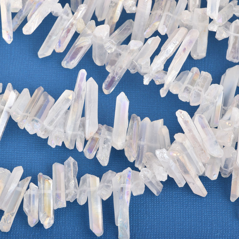 WHITE AB Crystal Quartz Stick Beads Tusk Point Beads, top drilled gemstones 3/4" to 1-1/4" long, full strand gqz0114