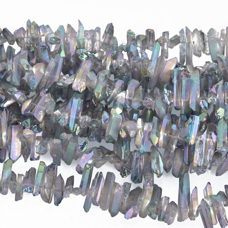 GRAY RAINBOW AB Crystal Quartz Stick Beads Tusk Point Beads, top drilled gemstones 1/2" to 7/8" long, full strand gqz0116