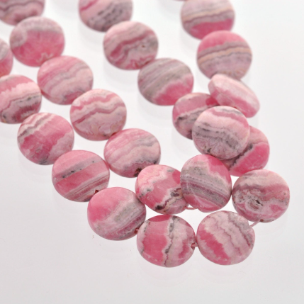 4 matching Polished Banded RHODOCHROSITE FLAT COIN Beads 14mm genuine gemstones, rose pink grh0006