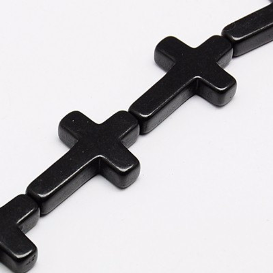 30x20mm Howlite Cross Beads . BLACK . Sideways Cross, full strand, how0179