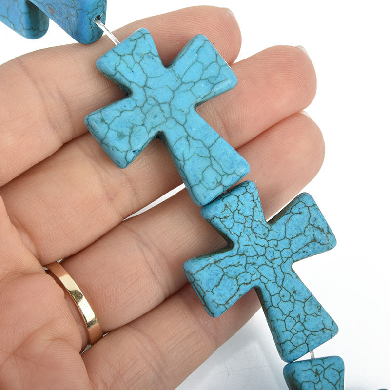 2 pcs. Large Howlite Stone Beads TURQUOISE BLUE Maltese CROSS . 36x30mm  how0311a