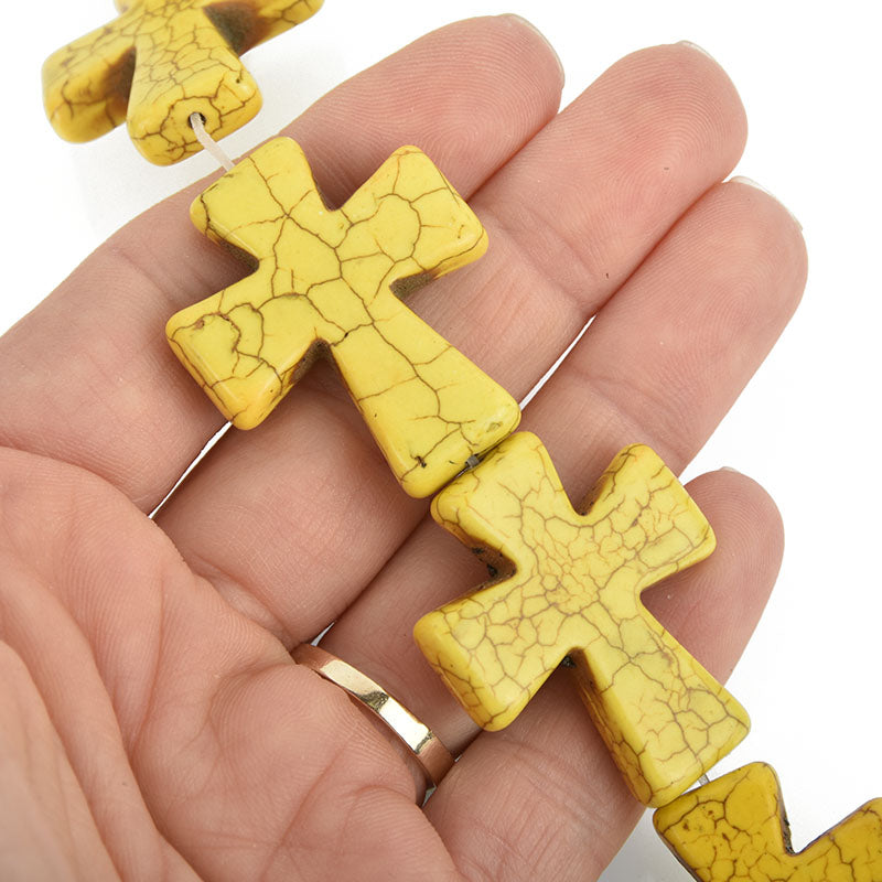 2 Large Howlite Stone Beads YELLOW Maltese CROSS  36x30mm  how0315a