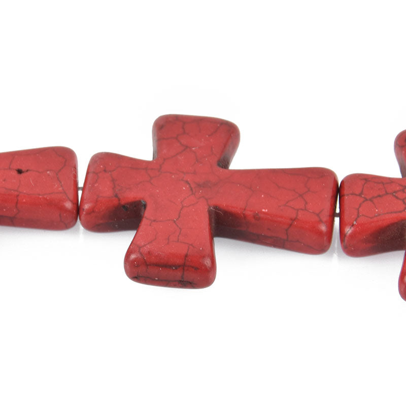2 Large Howlite Stone Beads RED Maltese CROSS . 36x30mm, how0359a