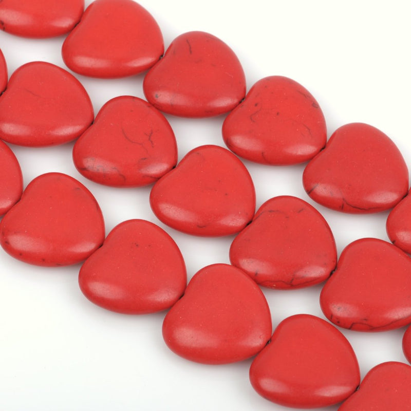 20mm Howlite Heart Beads, RED, Puffy Heart Beads, Puffed Heart Beads, full strand, 21 beads per strand, how0684