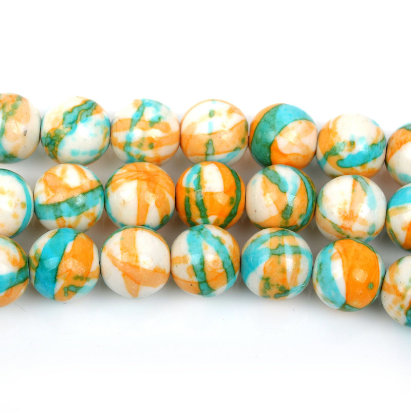 8mm MOSAIC HOWLITE Round Beads, turquoise blue, orange, white, full strand, about 49 beads, how0489