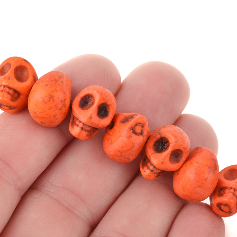 12mm ORANGE Howlite Skull Beads, Drilled Sideways, full strand, about 40 beads, how0669