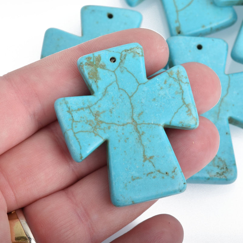 1 Large Turquoise Howlite Cross Pendant Bead 48mm how0685