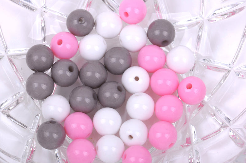 12mm PINK, GREY, WHITE Acrylic Bubblegum Beads, package of 30 beads,  bac0334