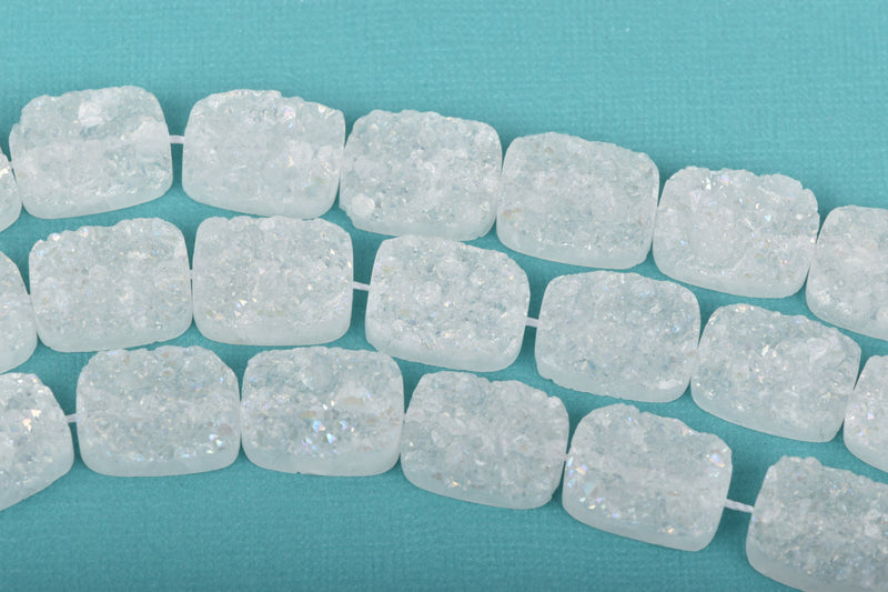 2 White Druzy AB Rainbow Natural Quartz Rectangle Gemstone Beads, frosted, 18x14mm, gdz0179