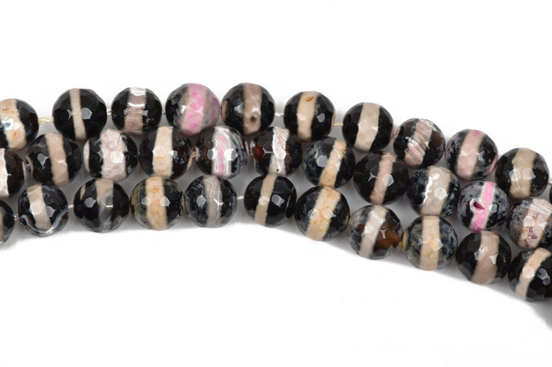 12mm Round BANDED AGATE Beads, faceted gemstone agate beads, black pink grey tan, full strand, about 32 beads, gag0272