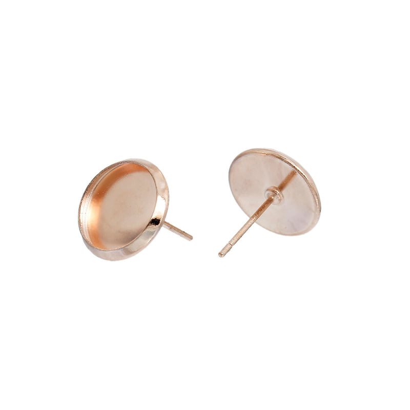 10 (5 pairs) ROSE GOLD cabochon bezel setting earring post components, fits 12mm round inside bezel, fin0542