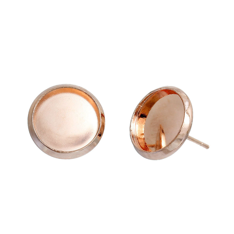 10 (5 pairs) ROSE GOLD cabochon bezel setting earring post components, fits 12mm round inside bezel, fin0542