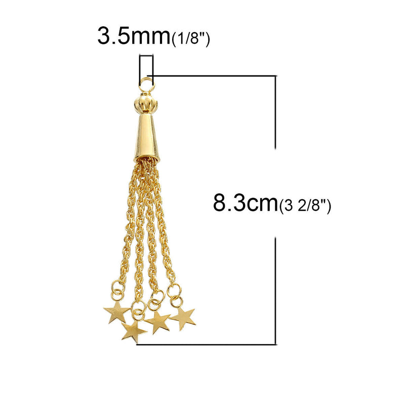 2 Gold STAR Tassel Pendant Charms, gold plated metal, 3.25" long chg0391