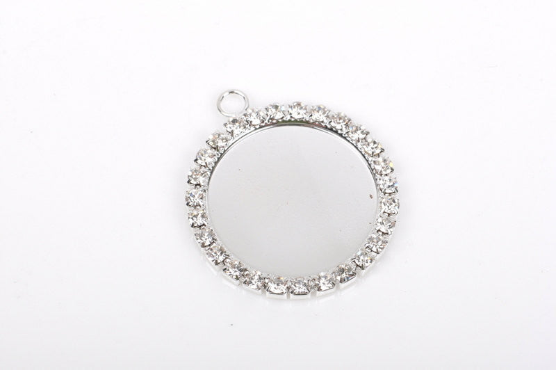 2 Rhinestone Bezel Charms, silver plated pendant charm tray, fits 24mm round cabochons, chs2343