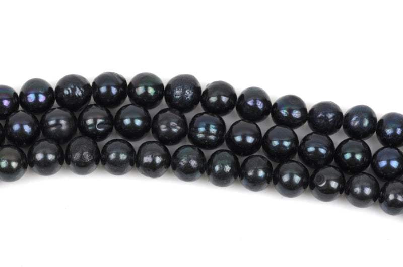 9mm to 10mm Cultured Freshwater Round Potato Pearls, Black with Peacock Sheen, full strand, about 50 beads, gpe0036