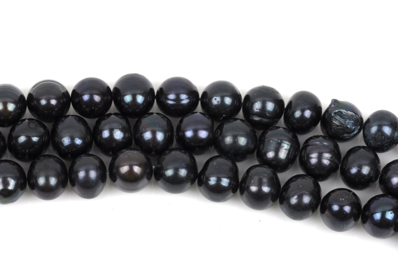 7mm to 8mm Cultured Freshwater Round Potato Pearls, Black with Peacock Sheen, full strand, about 55-56 beads, gpe0035