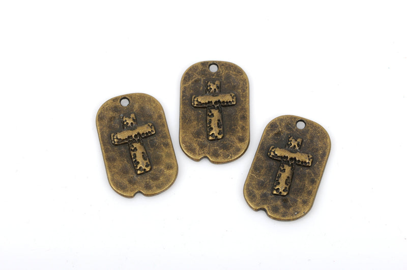 5 Bronze Rustic Cross Dog Tag Charm Pendants, Metal Cross Charms, Hammered Metal, Embossed Cross, 29x18mm, chb0426