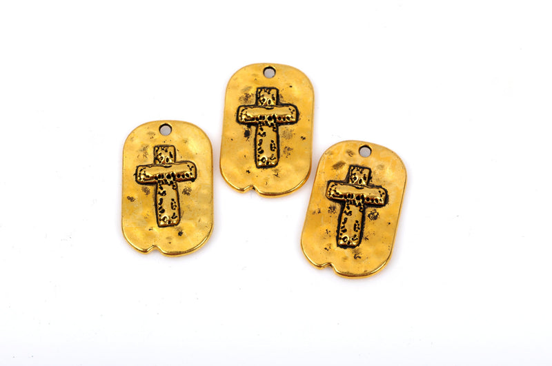 5 Gold Rustic Cross Dog Tag Charm Pendants, Metal Cross Charms, Hammered Metal, Embossed Cross, 29x18mm, chg0393