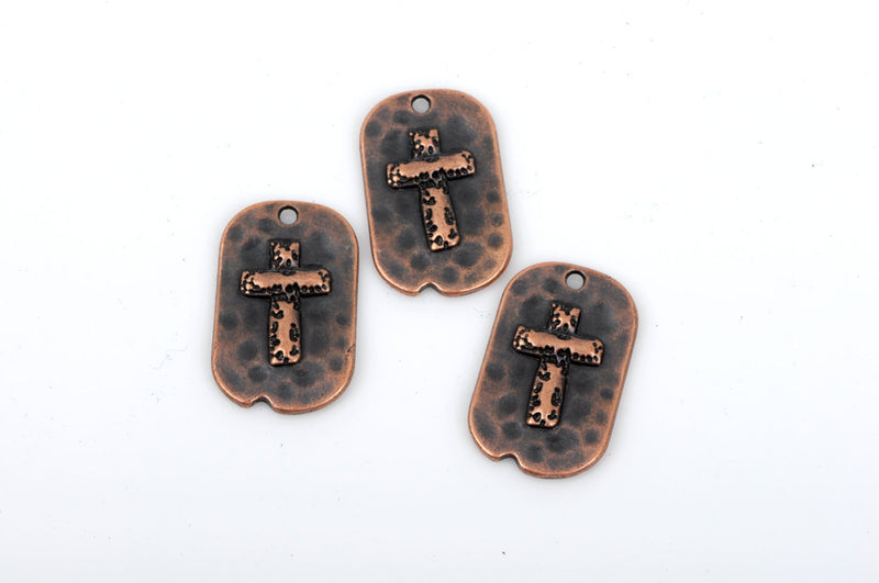 5 Copper Rustic Cross Dog Tag Charm Pendants, Metal Cross Charms, Hammered Metal, Embossed Cross, 29x18mm, chc0045