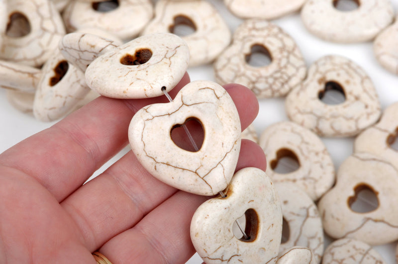 35mm Howlite Heart Beads, WHITE, Puffy Heart Beads with Cut Out Heart, Puffed Heart Beads, full strand, 12 beads per strand, how0477