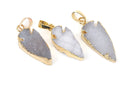 5 DRUZY ARROWHEAD Pendants, Brass Bail, Gold Bail, White to Grey Arrow Natural Druzy Agate Quartz Gemstones, 1-1/4" long gdz0169